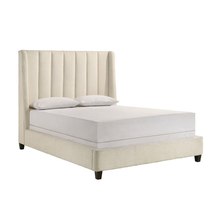 Benjara Aegis Queen Size Bed, Wingback, Channel Tufted, Cream Beige Upholstery