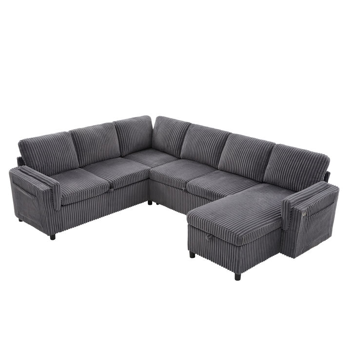 Merax U-Shaped Sectional Sleeper Sofa with Storage, USB & Reversible Chaise &ndash; Corduroy Fabric