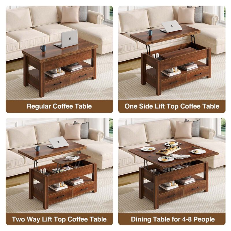 Rolanstar Coffee Table Lift Top, Multi-Function Convertible Coffee Table with Drawers and Hidden Compartment, Coffee Table Conve