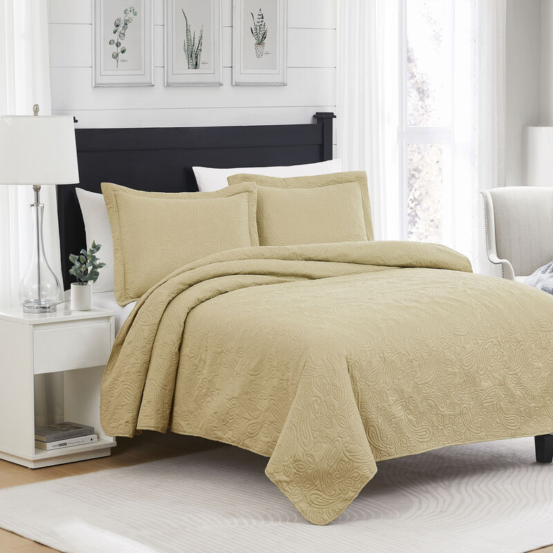 RT Designers Collection Milla 3pc Pinsonic All Season Quilt Set for Revitalize Bedroom Queen Gold image number 1