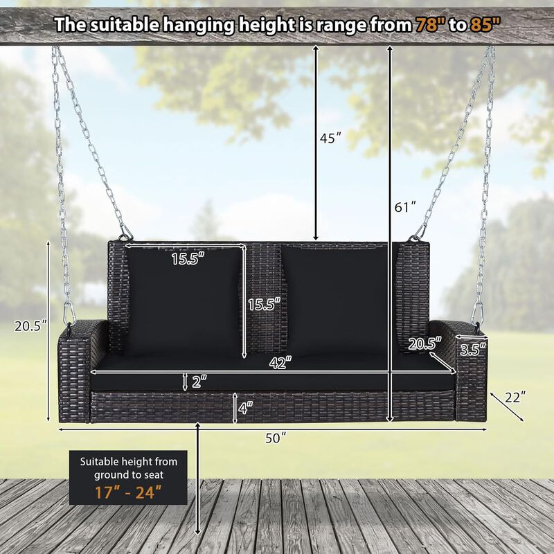 Mondawe 2-Person Wicker Hanging Porch Swing with 2 Back Cushions and 1 Seat Cushion
