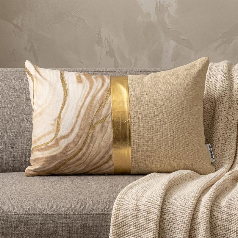 HomeRoots 14" X 20" Beige and Gold Striped Cotton Blend Throw Pillow image number 1