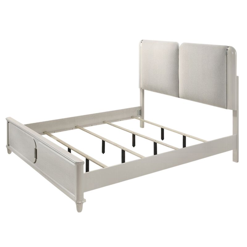 Veda Queen Size Bed with LED, Pearl White, Gray Boucle Upholstered - Benzara