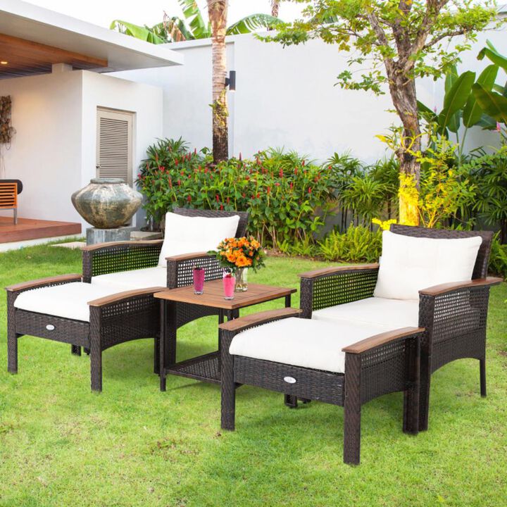 Hivvago 5 Pieces Patio Rattan Furniture Set with Acacia Wood Table