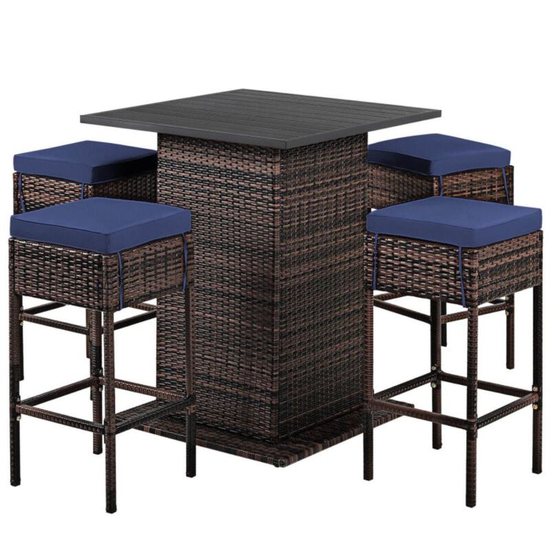Hivvago 5 Pieces Patio Rattan Bar Furniture Set with Cushions and Hidden Storage Shelf