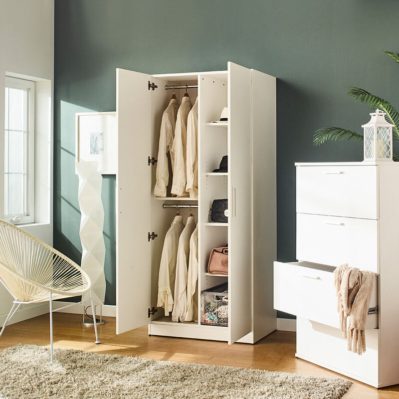 FC Design Klair Living Contemporary Wood Closet with Hanging Bars and Five Shelves in White