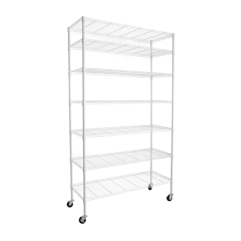 7 Tier Wire Shelving Unit, 2450 LBS NSF Height Adjustable Metal Garage Storage Shelves with Wheels, Heavy Duty Storage Wire Rack Metal Shelves - White