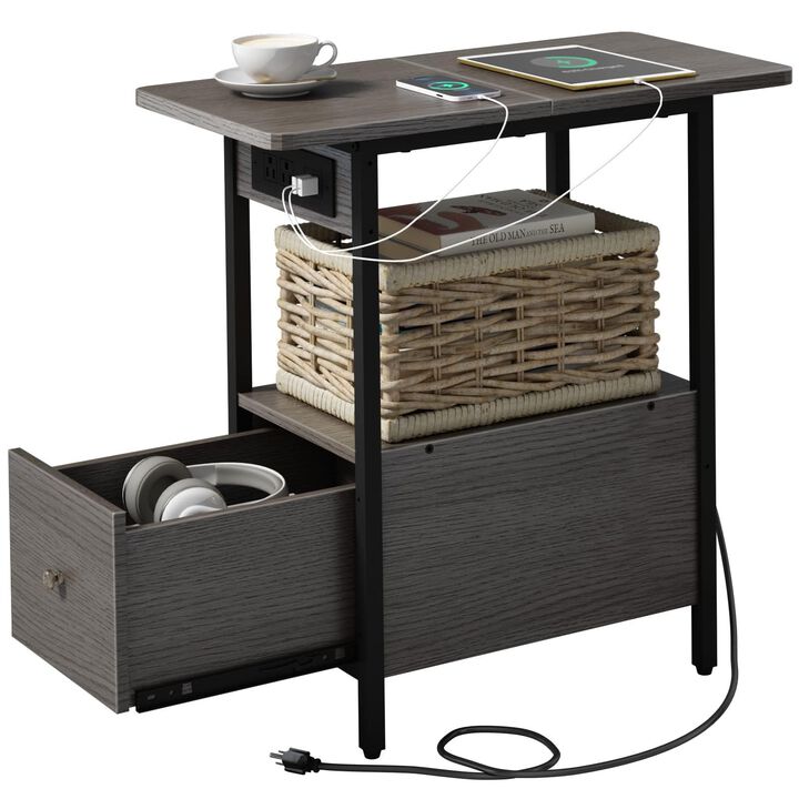 LIDYUK End Table with Charging Station, Narrow Side Table with Drawer and USB Ports & Power Outlets, Nightstand Bedside Tables f