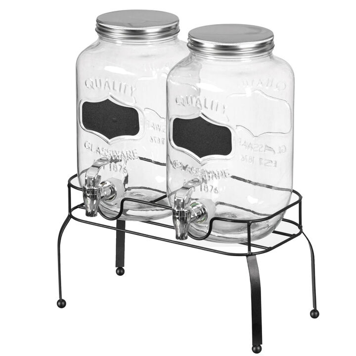 Basicwise 2-Pcs Glass Drink Dispenser Set with Metal Stand, Stainless Steel Spigots and Chalkboard Signs - Ideal for Serving Beverages, Water, Lemonade and Juice at Picnics, Camping Trips and Parties