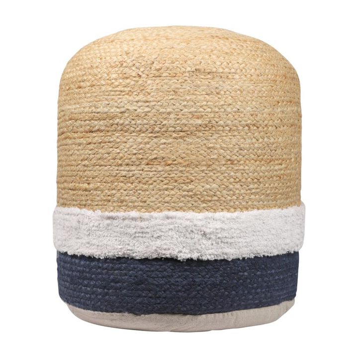 Hivvago 18 Inch Natural And Navy Blue Jute Blend Cylinder Striped Pouf Ottoman