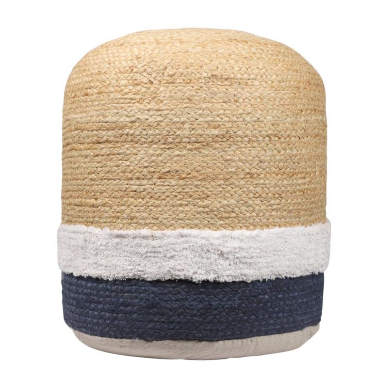 Hivvago 18 Inch Natural And Navy Blue Jute Blend Cylinder Striped Pouf Ottoman