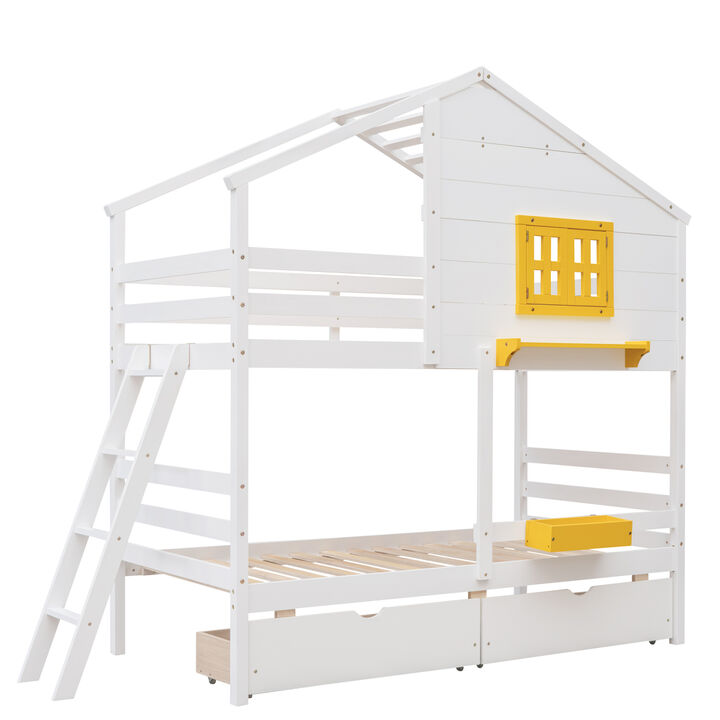 Twin over Twin Bunk Bed with 2 Drawers, 1 Storage Box, 1 Shelf, Window and Roof-White
