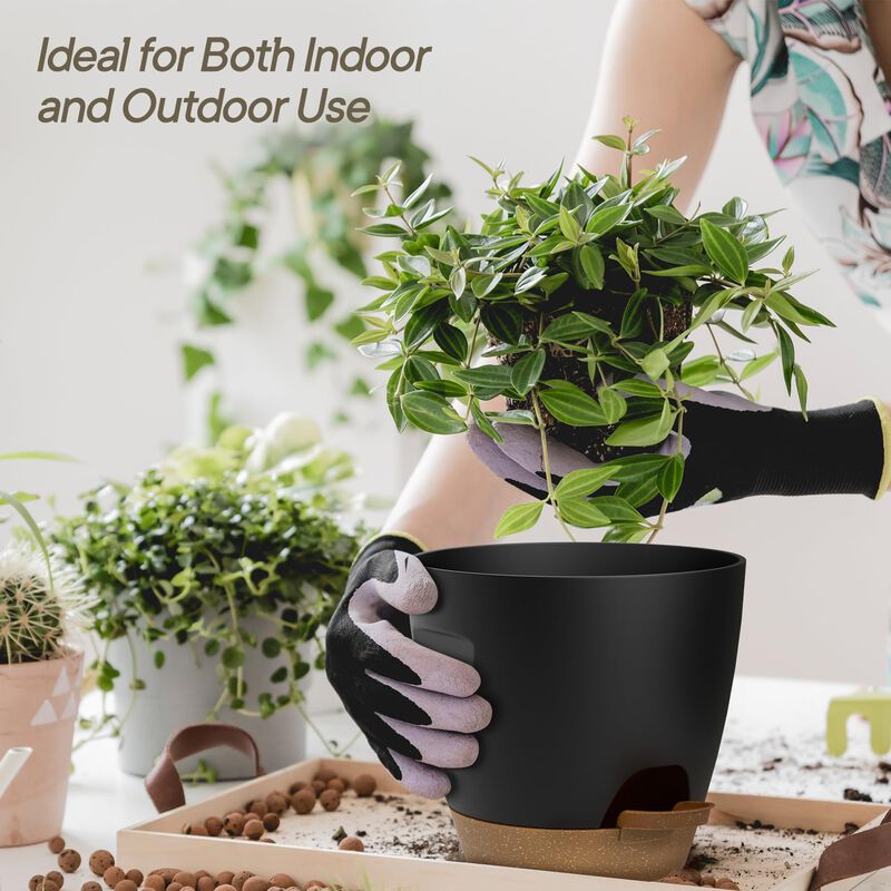 20-pack black self-watering plant pots with wick rope, drainage holes, and easy watering lip. Lightweight plastic design ideal for succulents, herbs, and houseplants indoors or outdoors. image number 4