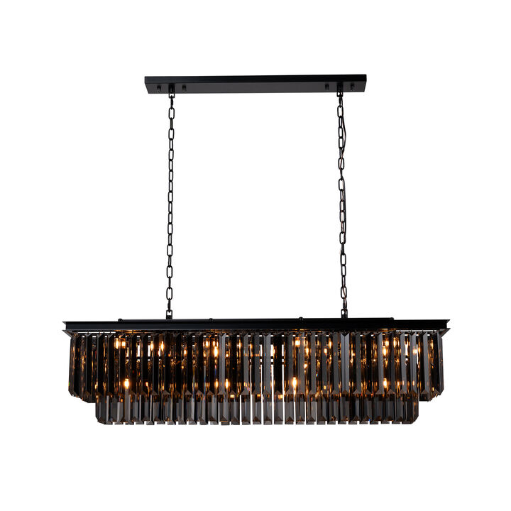 12-Light Modern Luxury Rectangular Fring Crystal Chandelier 49&rdquo; Black Linear Pendant Light with Smoked Crystals for Kitchen Island, Dining Room