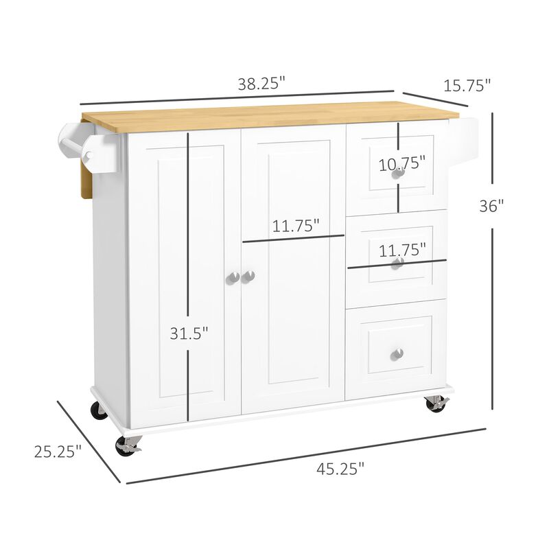 White Kitchen Helper: Rolling Island Cart with Drop Leaf & Storage