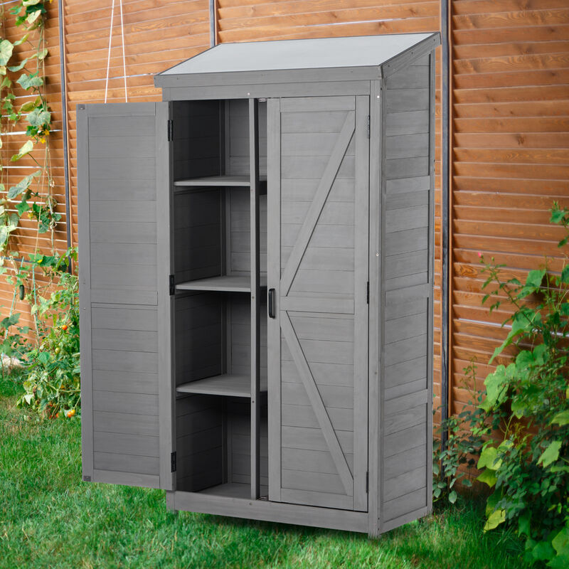 Outdoor Wood Storage Cabinet with Metal Top for Garden, Yard, or Patio image number 1