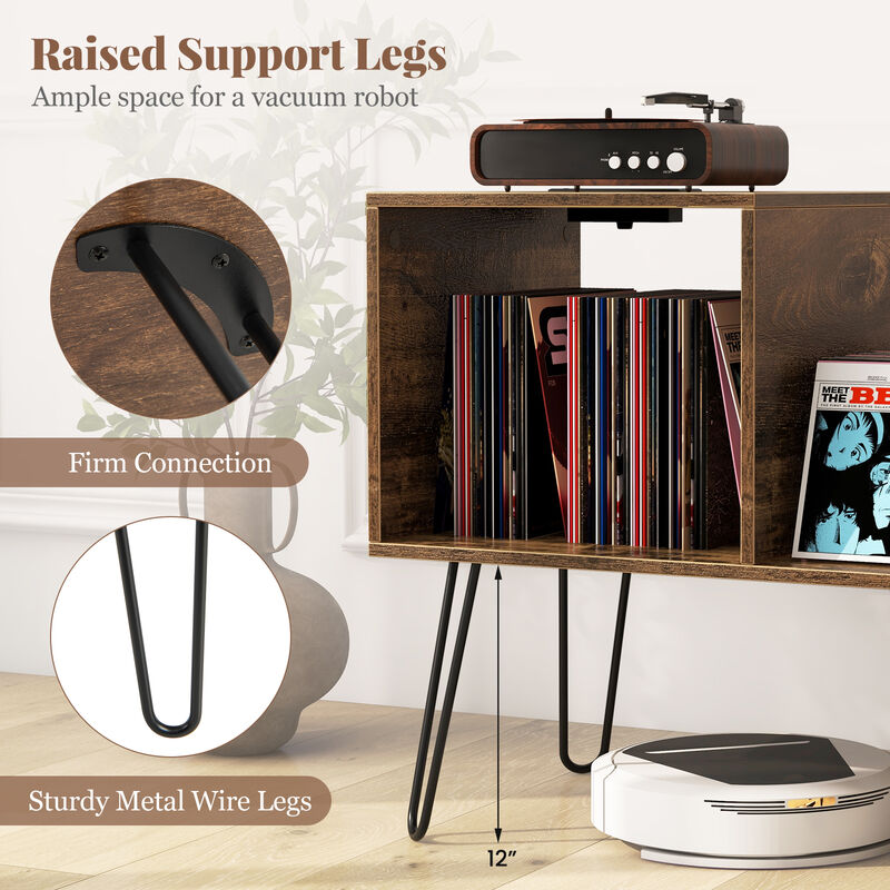 Mid-Century Record Player Stand with Power Outlet and Vinyl Storage Divider