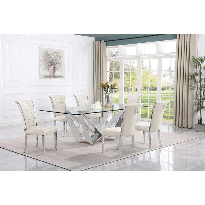 7pc Large(94") glass dining set with silver base and 6 Cream side chairs