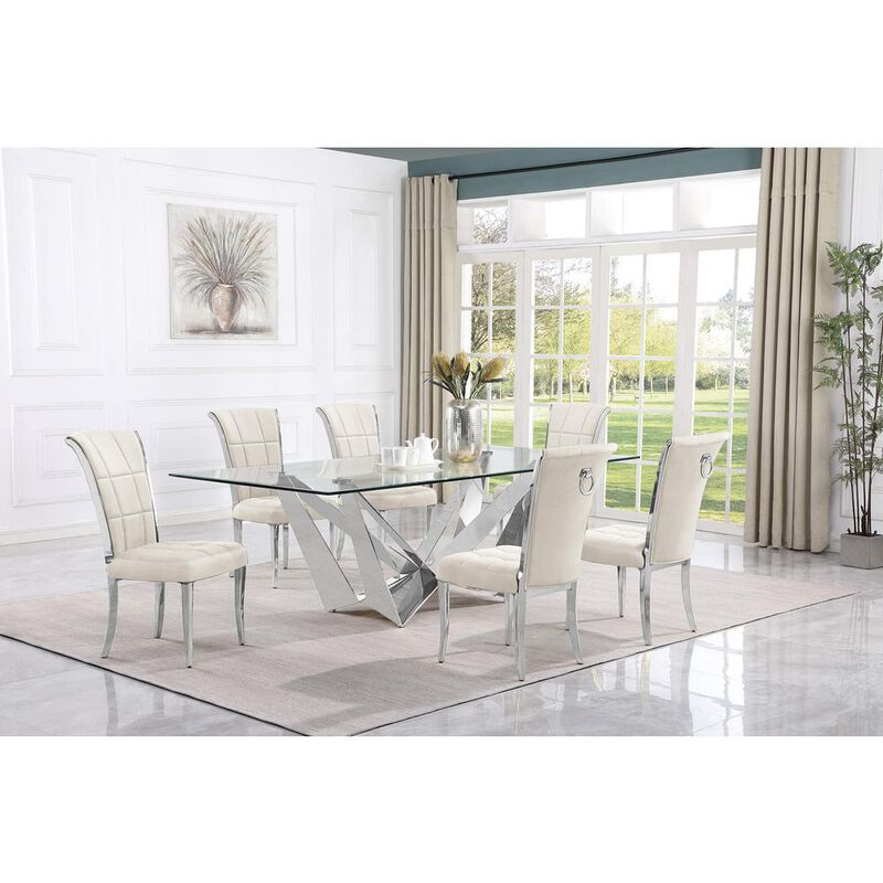 7pc Large(94") glass dining set with silver base and 6 Cream side chairs