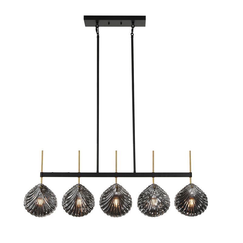 Five-Light Linear Chandelier, Smoky Gray Shell Glass, Black and Gold image number 9