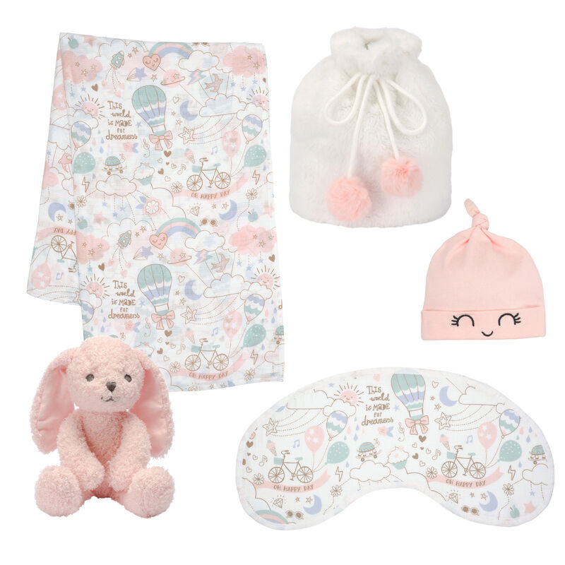 Lambs & Ivy 5 Piece Pink/White Bunny Infant/Newborn Baby Gift Set w/ Swaddle