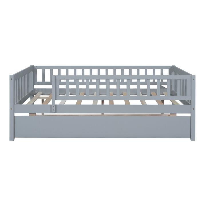 Whisen Full Size Wood Daybed with Trundle & Guardrails, Solid Wood & MDF Low Profile Bed for Kids Bedroom