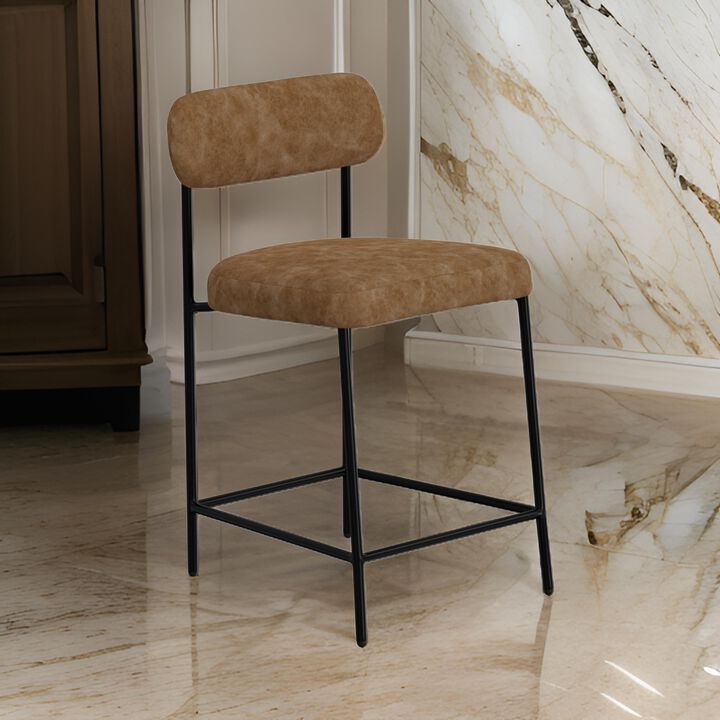 Iffa Counter Height Chair, Open Back, Black Iron, Cognac Brown Faux Leather