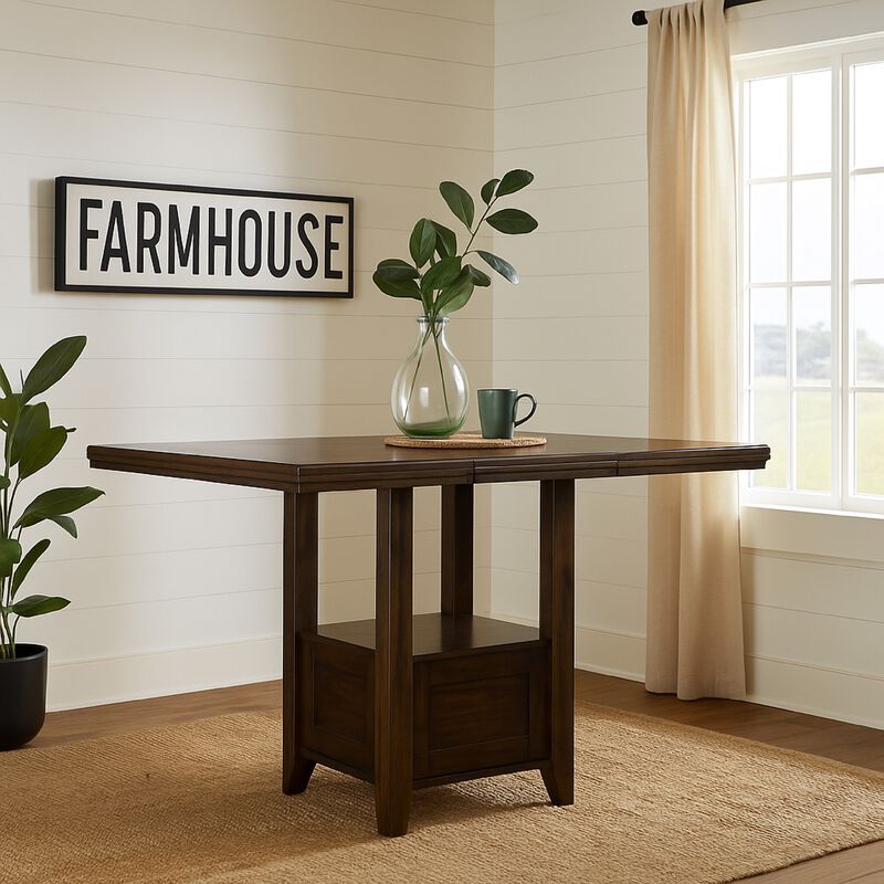 Hado Counter Height Table, 42-60 Inch Extendable Square, Dark Brown