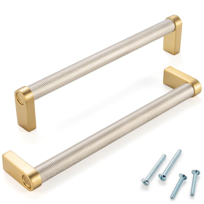 ASKANO Nickel and Gold Cabinet Pulls, 6-1/4 Inch Hole Centers, Knurled Bar Kitchen Cabinet Handles AP1311 | Pack of 5, Solid Har