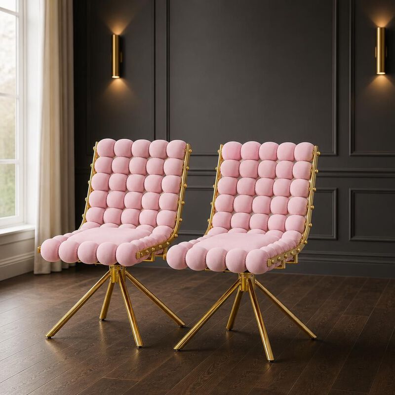 GOODSILO Set of Two Modern Tufted Puffy Bubble Velvet Dining Accent Swivel Chairs with Metal Legs for Dining Room and Kitchen image number 3