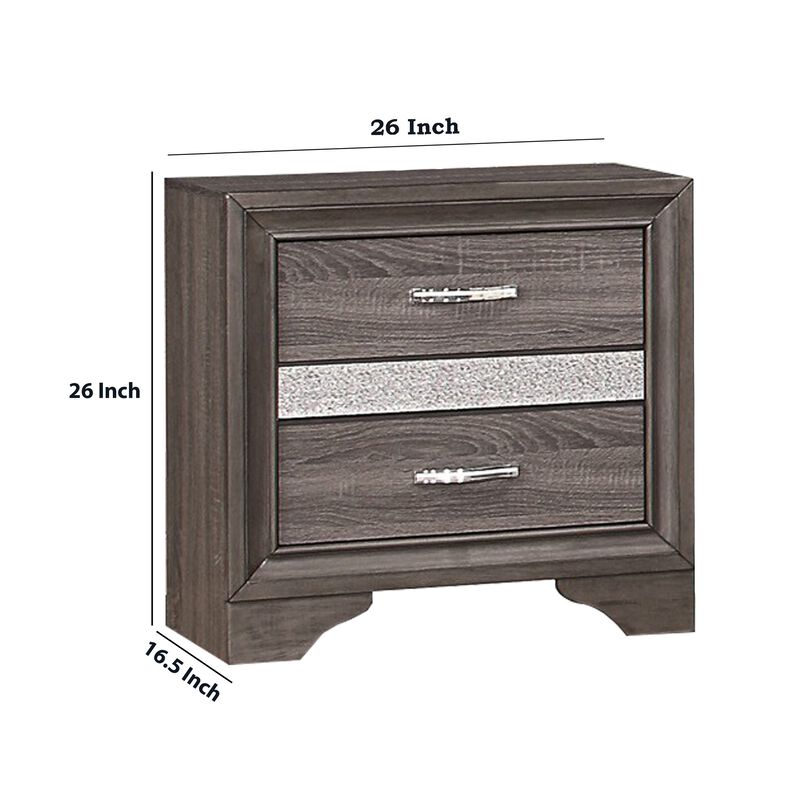 2 Drawer Wooden Nightstand with 1 Hidden Jewelry Drawers, Gray and Silver - Benzara