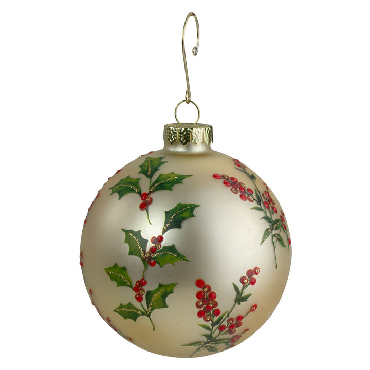 Gold Holly Berry Glass Ball Christmas Ornament 4" (100mm)