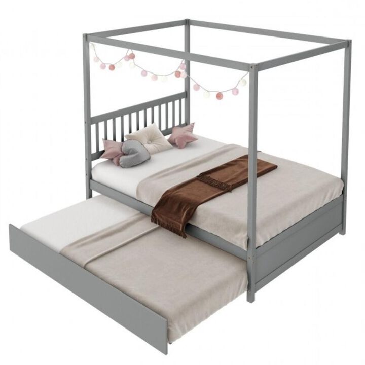 Full Size Canopy Platform Bed with Twin Roller Trundle Bed
