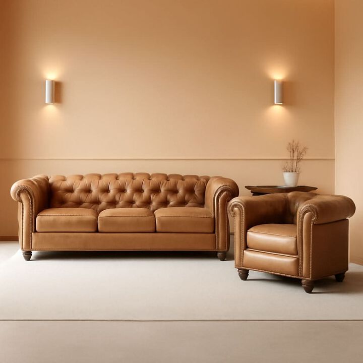 ShipItFurniture Two-Piece Air Leather Chesterfield Sofa and Club Chair Set, Brown
