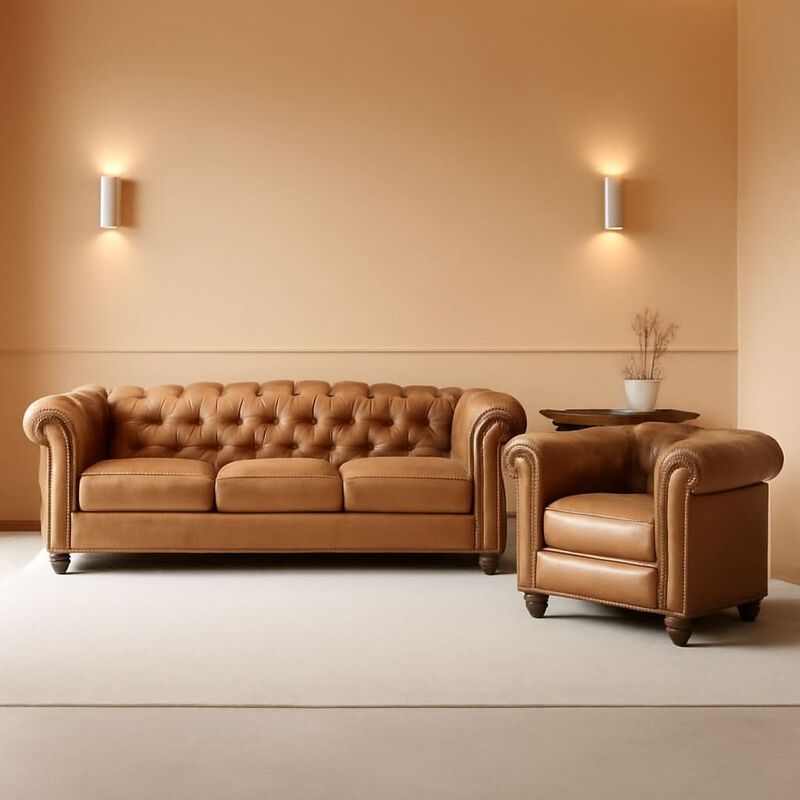 ShipItFurniture Two-Piece Air Leather Chesterfield Sofa and Club Chair Set, Brown image number 1