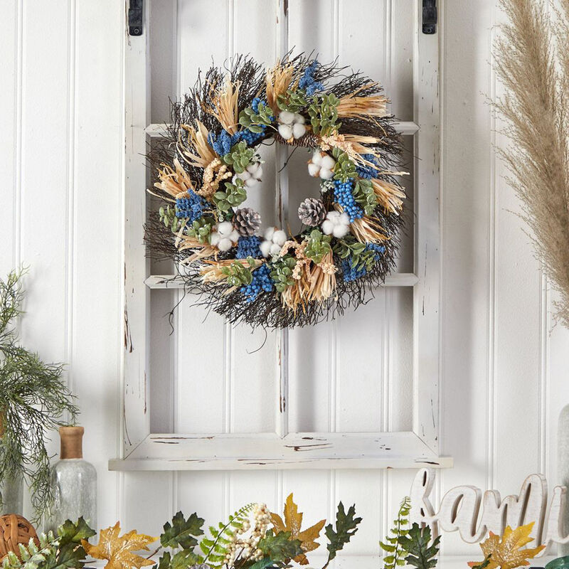 Nearly Natural 22-in Autumn Cotton, Eucalyptus, Berries and Pinecones Artificial Fall Wreath