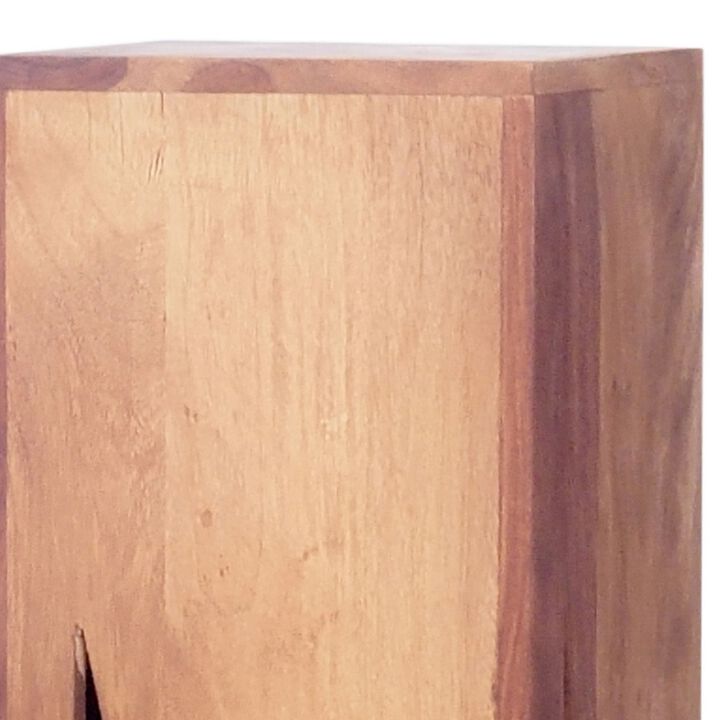 45, 34, 22 Inch Pedestal Table Stand, Set of 3, V Cut Sheesham Wood, Brown - Benzara