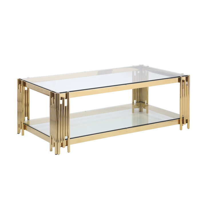 Furniture 48" Wide Rectangular Coffee Table with Glass Top, Golden Stainless Steel Double Layer Coffee Table for Living Room