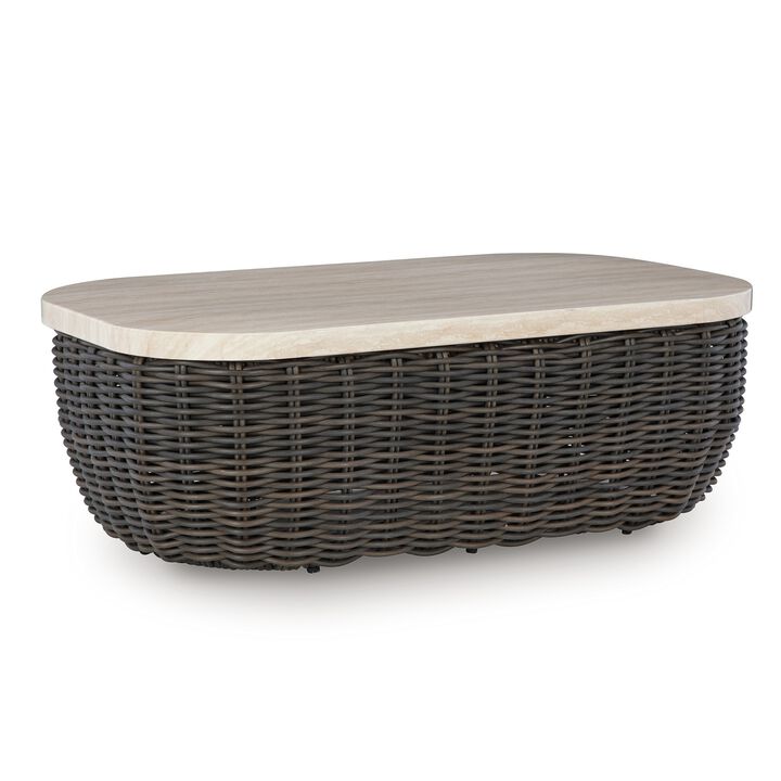 Kimo Outdoor Cocktail Coffee Table, Brown Wicker Details, 50 Inch - Benzara