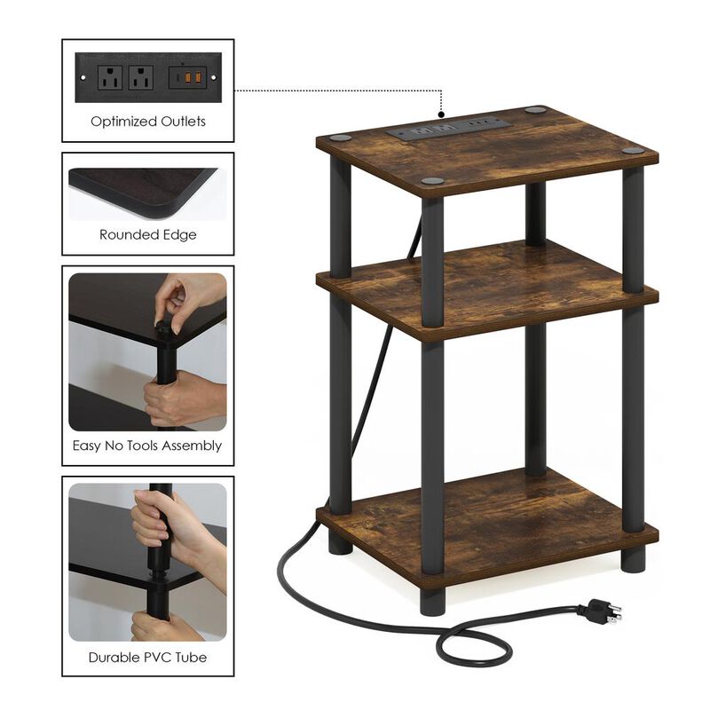 Just 3-Tier Turn-N-Tube USB and Type-C Charging Port End Table, Amber Pine/Black