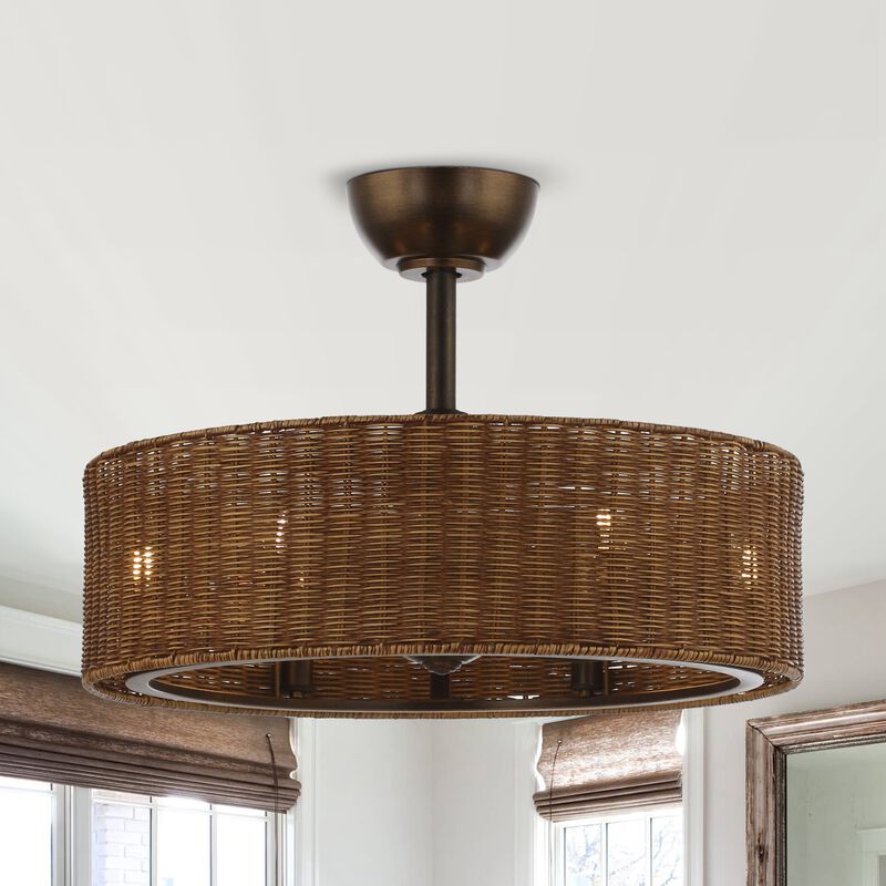 24" Farmhouse Brown Drum Downrod Ceiling Fan with Remote Control and DC Motor