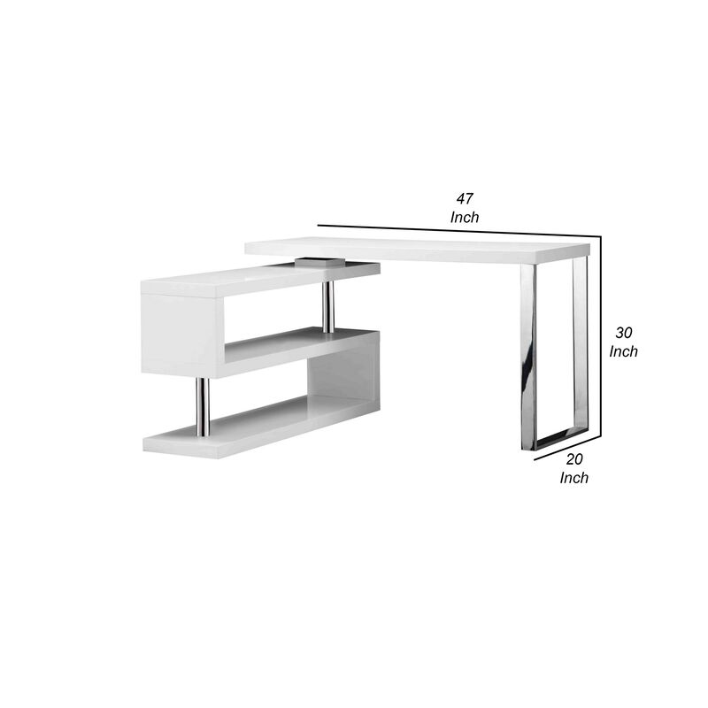 47 Inch Multi Position Desk, Adjustable L Shape, Lacquer White - Benzara