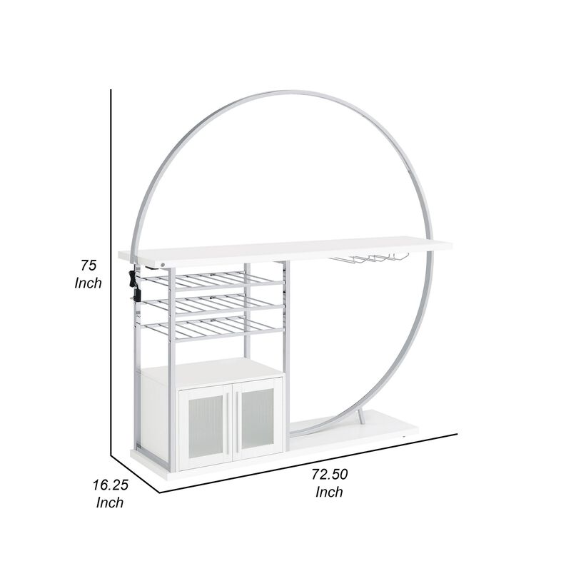 Riya Home Bar Table, LED Light, Cabinets, Wine Storage, White, Chrome Metal