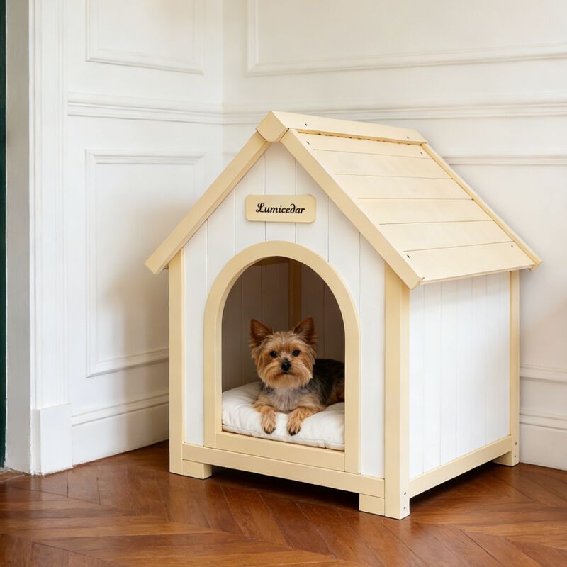 Solid Cedar Pet House, Cream Yellow Cabin Style Indoor Shelter for Small Dogs & Cats image number 2