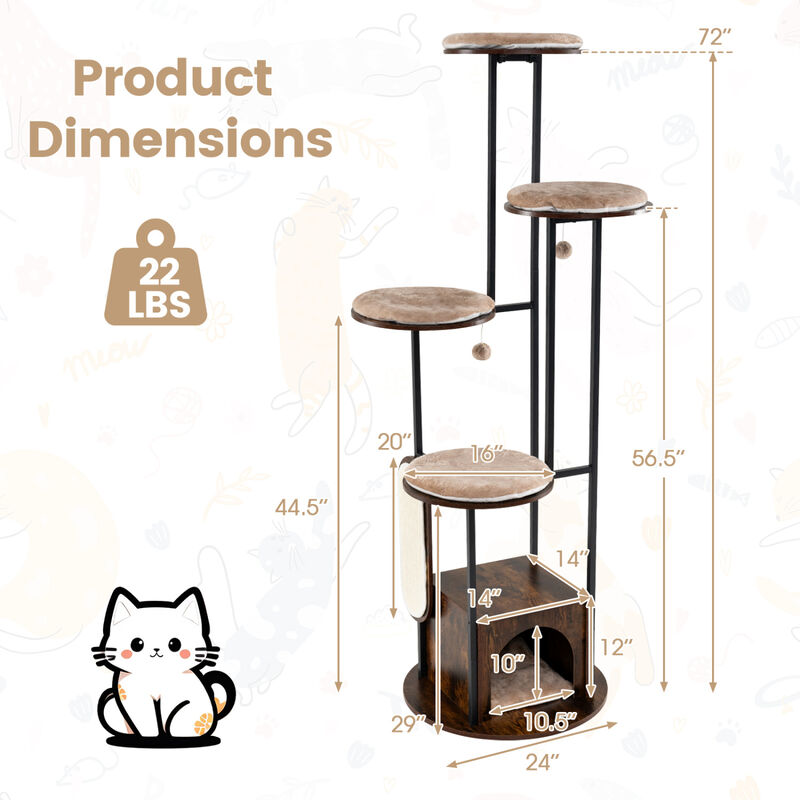 72 Inch Tall Cat Tree Condo with Perches Platforms and Washable Mats image number 2