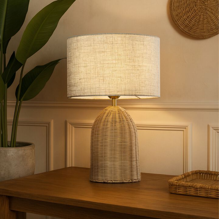 20'' Natural Rattan Bedside Table Lamp Coastal Nightstand Lamp with Classic Beige Fabric Shade for Bedroom, Living Room
