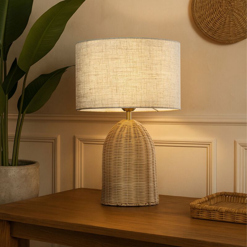 20'' Natural Rattan Bedside Table Lamp Coastal Nightstand Lamp with Classic Beige Fabric Shade for Bedroom, Living Room image number 1