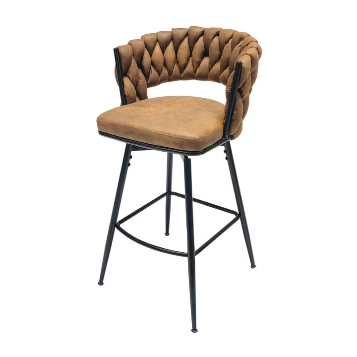 Technical Leather Woven Bar Stool Set of 2, Black legs Barstools No Adjustable Kitchen Island Chairs,360 Swivel Bar Stools Upholstered Bar Chair Counter Stool Arm Chairs with Back Footrest, (Brown)