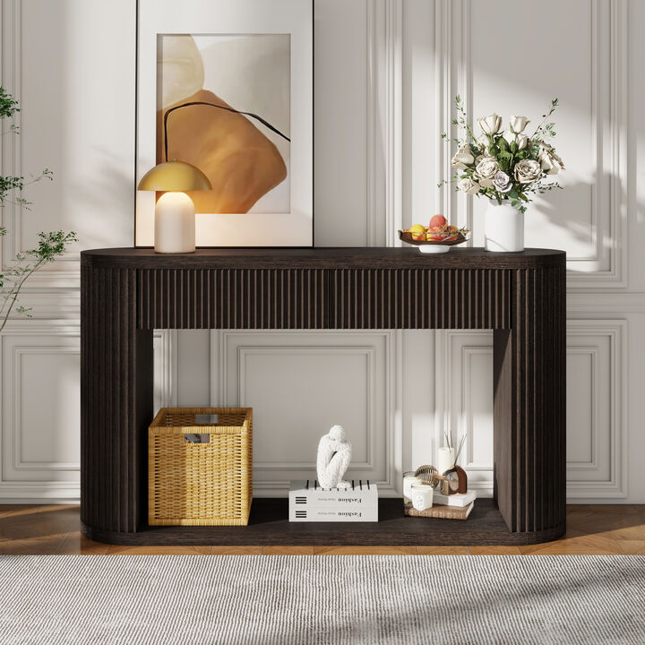 Merax Oval Fluted Rubber Wood Console Table with 2 Drawers & Open Bottom Shelf