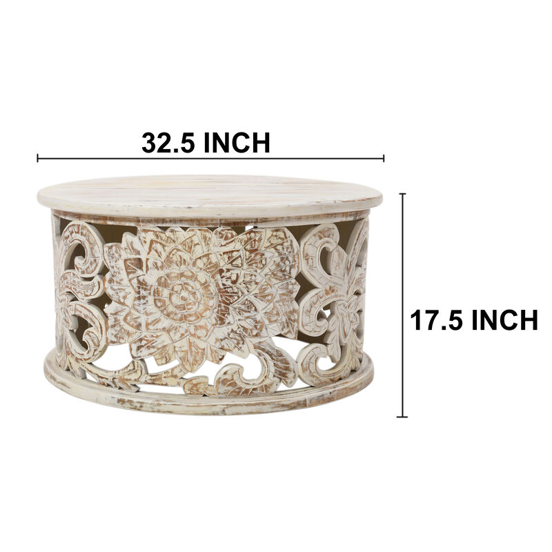 Alina Coffee Table Handcrafted Mango Wood Floral Carved Cut Out Design Distressed White Finish 33 Inch